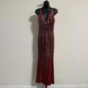 Dress The Population Ombré Red Sequin Spaghetti Strap Gown w/ Split - MED (6/8)